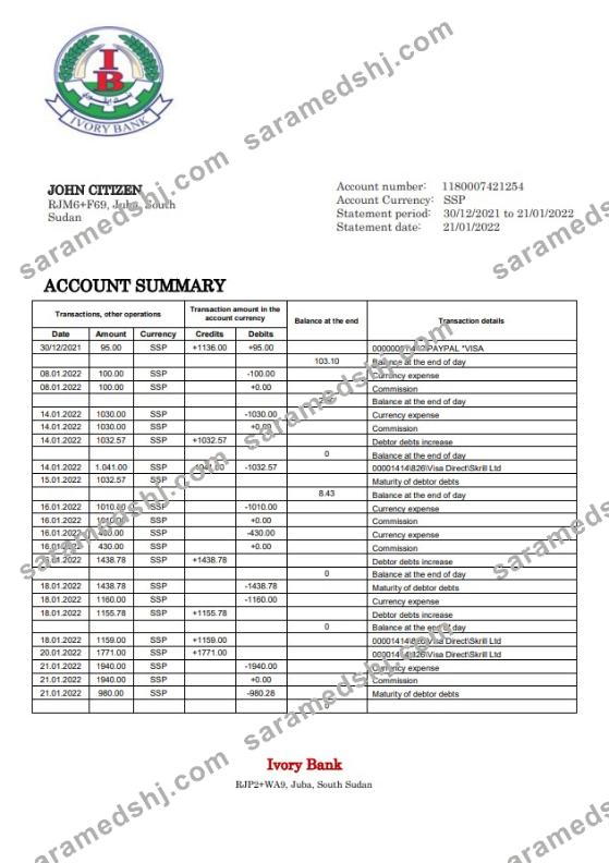 South Sudan Ivory Bank statement